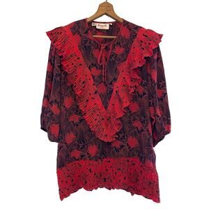 ASSORTI | 80s Vintage Red Floral Ruffle Blouse Large Mobwife Art Retro Luxury